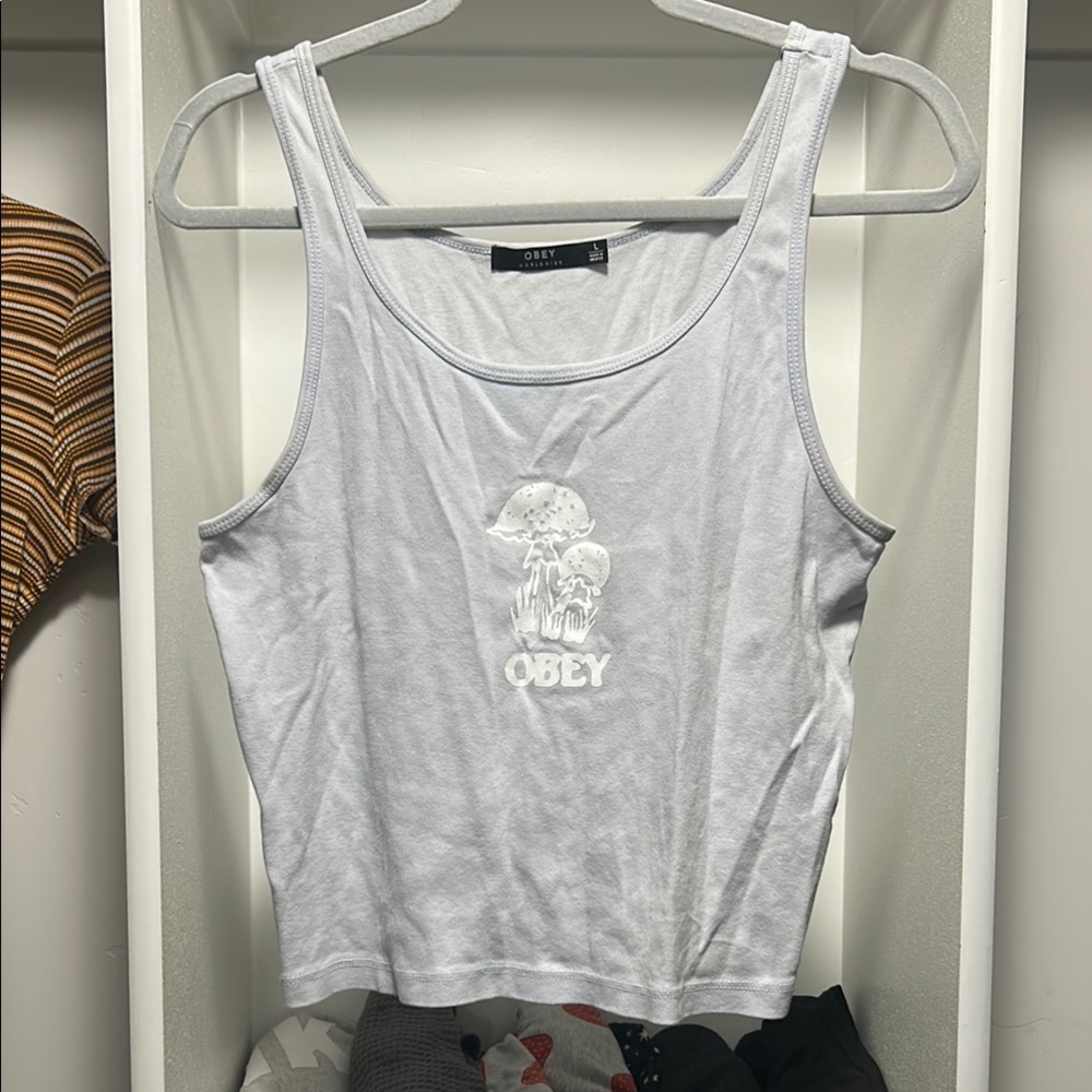 Obey Gray Graphic Crop Tank Top